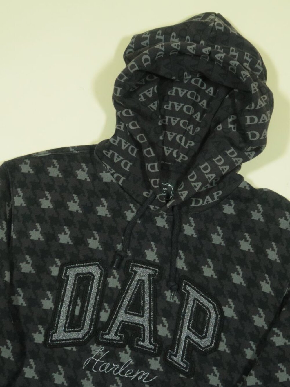 GAP x DAP Harlem Dapper Dan Hoodie Mens L Gray Black Jumbo Houndstooth